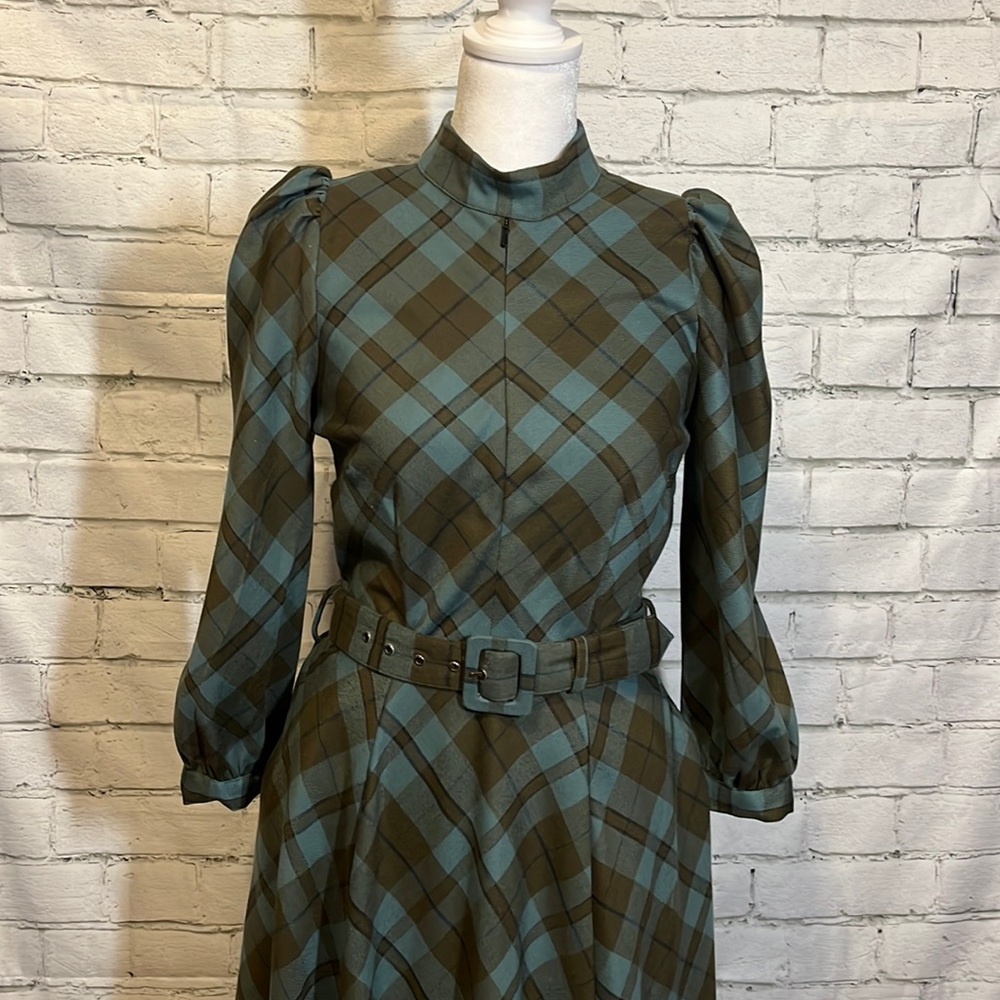 EShakti Green Plaid Belted Maxi Dress
